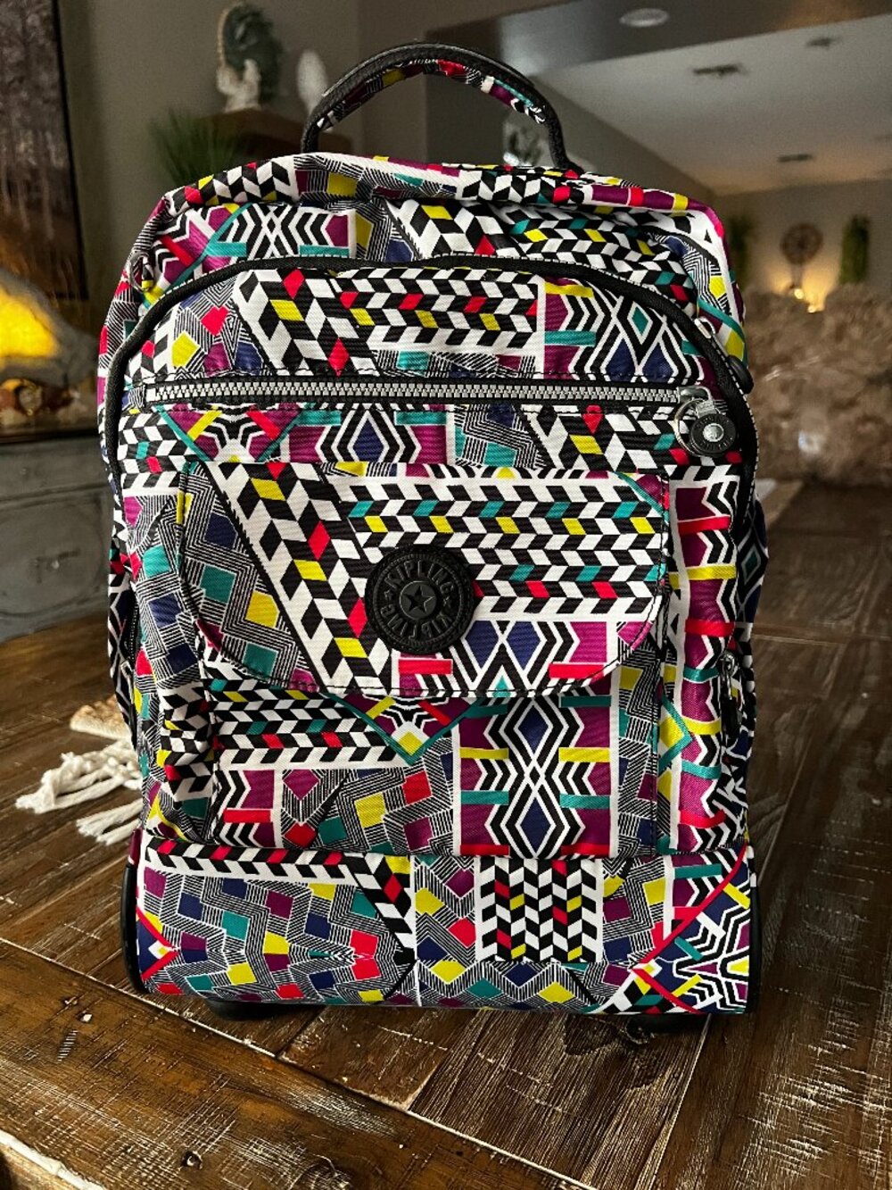 Boho Geometric KIPLING Rolling Travel Backpack ~ Like New! Carry-on